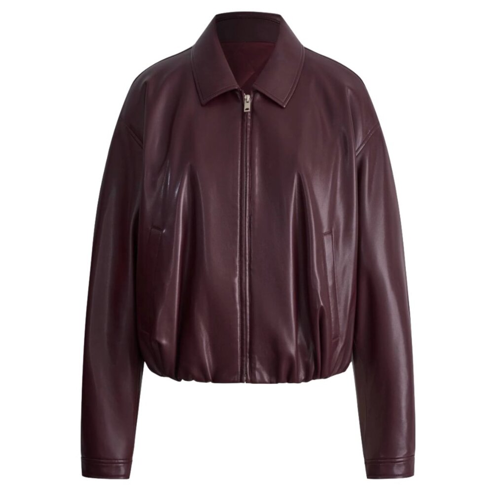 Sienna Bud Hem Quilted Leather Jacket in Protein Leather, Magenta, Size M